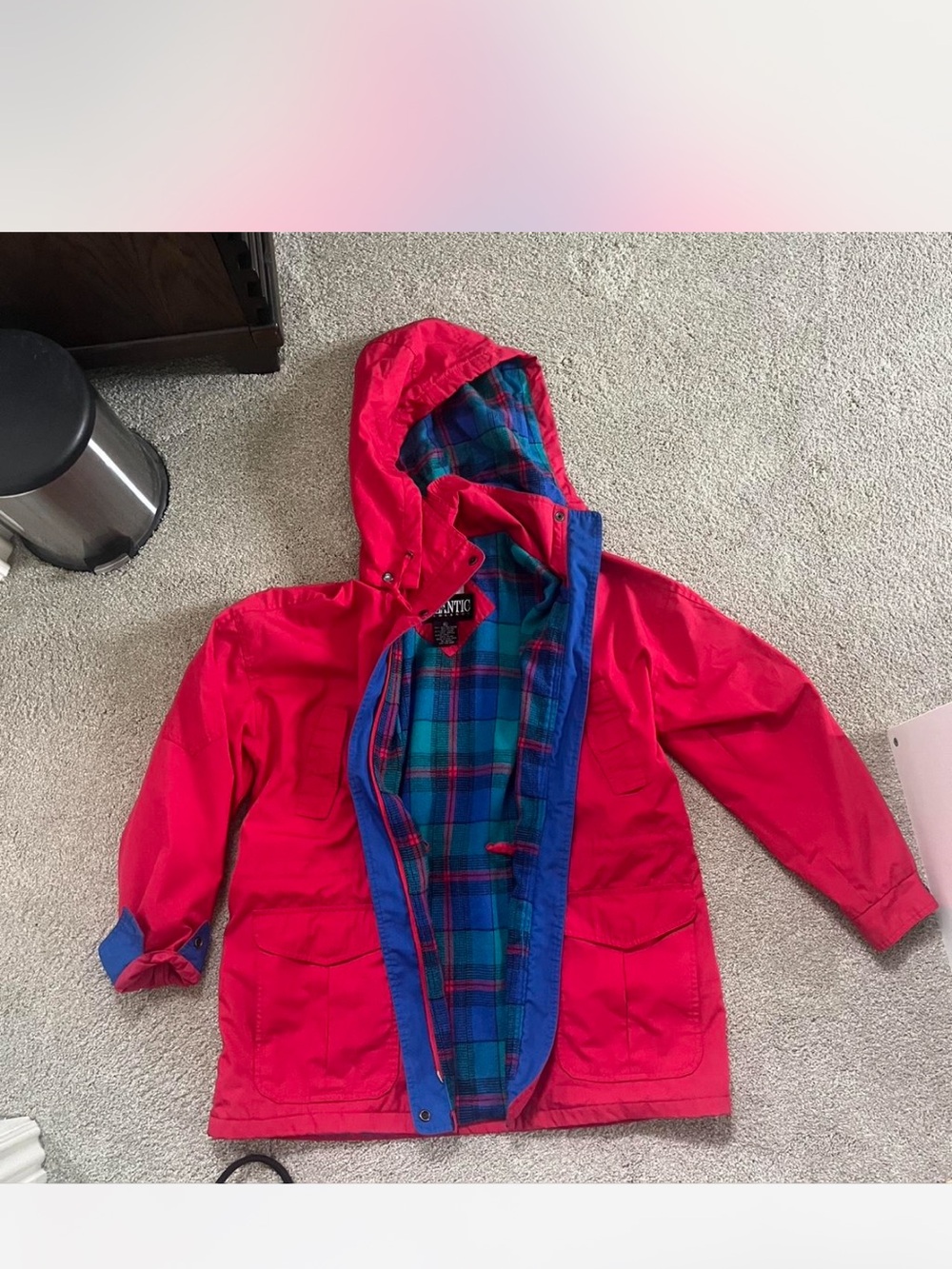 Women's Red Hooded Utility Jacket with Plaid Lining
